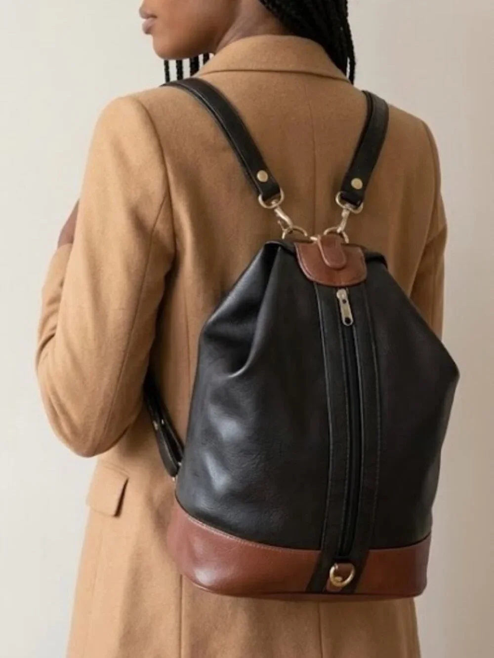 Vintage Two Tone Leather Convertible Bucket Sling Saddle Backpack Bag